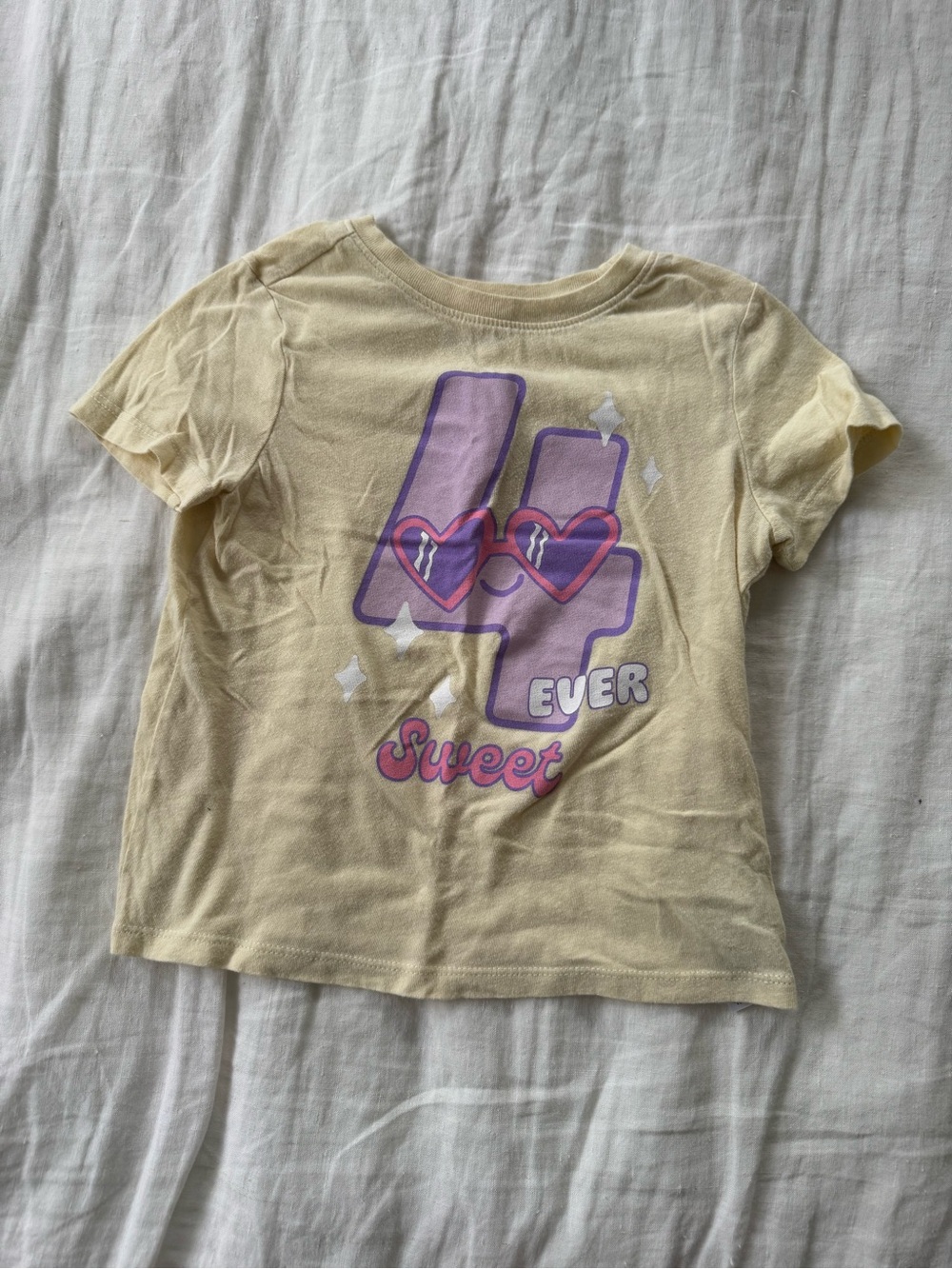 Old Navy Light Yellow Graphic Tee with Pink & Purple '4 Ever Sweet' Design